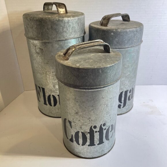 Vintage Vandor Imports Galvanized Metal Canister Set For Coffee Tea Sugar & Flou - Picture 4 of 15